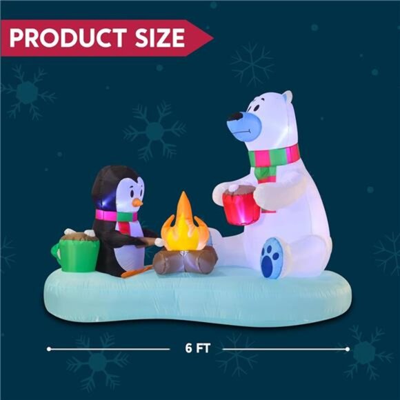 New 6 FT Long Christmas Inflatable Polar Bear and Penguin with Campfire - Picture 5 of 7